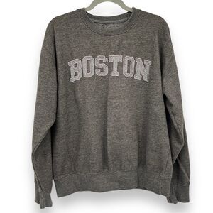 New York Popular Women's Large 'Boston' Embroidered Gray Crew Neck Sweater